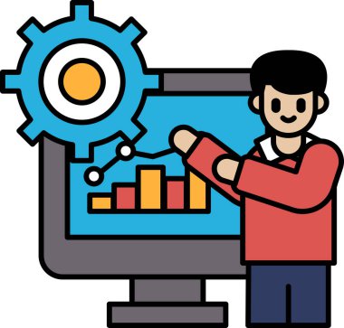 Bir adam bilgisayar ekranına dişli çiziyor. Yeni ve yenilikçi bir şey yaratma kavramı