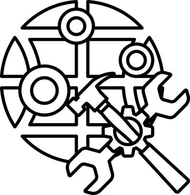 Çekicin siyah beyaz çizimi ve küre üzerinde bir ingiliz anahtarı. Küre bir dişli çemberiyle çevrilidir. Bir şeyi tamir etme veya tamir etme kavramı, dişliler üzerinde çalışmak için kullanılan araçlar gibi