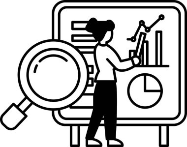 Üzerinde büyüteç olan büyük bir tahtanın önünde bir kadın duruyor. Tahtaya bakıyor ve analiz ediyor gibi görünüyor.