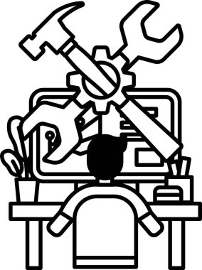 Bir adam elinde bilgisayar ve alet çantasıyla masada oturuyor. Bir projede çalışan ya da bir şeyleri tamir eden birinin düşüncesi. Sahne odaklı ve kararlı
