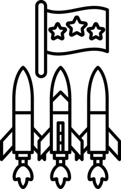 Arka planda bir bayrak olan üç roket havada dalgalanıyor. Bayrağın üç yıldızı ve ortasında bir yıldızı var. Roketler arka arkaya yerleştirildi, ortadaki en uzun olanı.