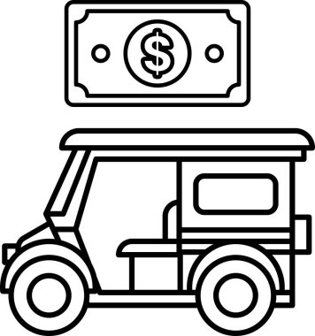 Üzerinde bir dolar banknot olan bir aracın siyah beyaz çizimi. Dolar banknotu aracın üstüne yerleştirilir ve araç küçük bir arabadır. Çizim para fikrini aktarıyor.