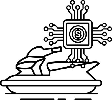 Üzerinde dolar işareti olan siyah beyaz bir jet ski çizimi. Jet ski bir bilgisayar çipi ve devre kartı da dahil olmak üzere birçok teknolojiyle çevrilidir.