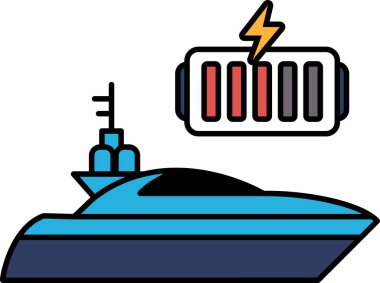Bataryalı bir tekne. Akü şarj oluyor. Tekne beyaz arka planda.