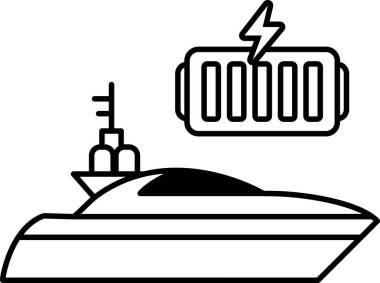 Bataryalı bir tekne. Akü şarj oluyor. Tekne beyaz arka planda.