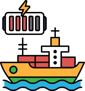 Üzerinde pil olan bir geminin siyah beyaz çizimi. Pil, yıldırım olarak gösterilen bir güç kaynağına bağlı. Sahne güç ve enerjiden oluşur.