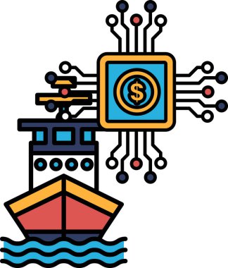 Siyah beyaz bir gemi ve bir dolar işareti. Dolar işareti geminin yan tarafında ve bir sürü teknolojiyle çevrili. Manzara fütüristik ve modern.