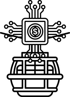 Üzerinde dolar işareti olan siyah beyaz bir robot resmi. Robot bir sürü kablo ve devrelerle çevrili.