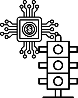 Üstünde bir dolar işareti olan bir trafik lambası resmi var. Dolar işareti bir devre kartıyla çevrilidir, ki bu da siyah ve beyazdır.