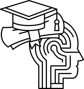 Mezuniyet şapkası bir beynin üstündedir. Beyin bir labirentle çevrilidir. Görüntü öğrenme fikrini ve eğitim yolculuğunu temsil eder.
