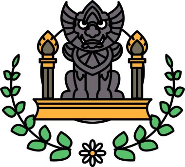 Arkasında çiçek olan bir ejderhanın siyah beyaz çizimi. Ejderha, etrafında defne çelengi olan bir kaidede oturuyor.