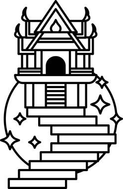 Çatısı ve merdivenleri olan bir binanın siyah beyaz çizimi. Bina bir tapınak ve merdivenler de oraya çıkıyor. Resmin huzurlu ve huzurlu bir havası var, tapınakla birlikte.