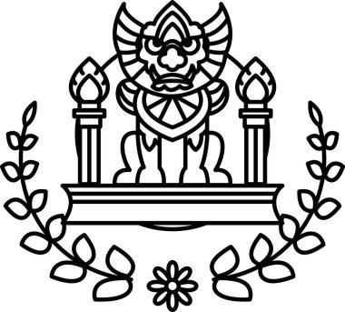 Arkasında çiçek olan bir ejderhanın siyah beyaz çizimi. Ejderha, etrafında defne çelengi olan bir kaidede oturuyor.