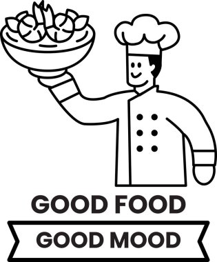 Bir aşçı elinde bir kase yemek ve altında 