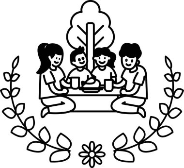 Bir aile yemek ve içeceklerle dolu bir masanın etrafında oturuyor. Sahne sıcak ve davetkar, çünkü aile birlikte yemek yiyor.