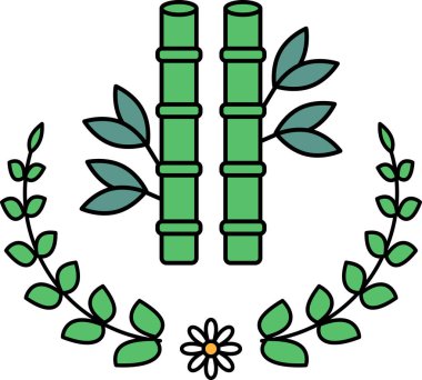 Görüntü, bambu ve yaprakların siyah beyaz bir çizimidir. Bambu çizimin merkezindedir ve bir yaprak çelengi ile çevrilidir. Çizim bir sükunet ve sükunet hissi veriyor.