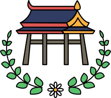 Ortasında beyaz bir çiçek olan bir binanın siyah beyaz çizimi. Bina yapraklardan bir çelenkle çevrili.