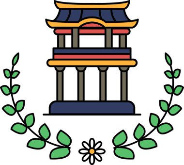 Geniş kemerli ve ortasında bir çiçek olan bir bina. Bina yapraklardan bir çelenkle çevrili.