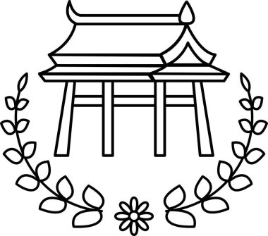 Ortasında beyaz bir çiçek olan bir binanın siyah beyaz çizimi. Bina yapraklardan bir çelenkle çevrili.