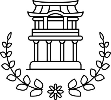 Geniş kemerli ve ortasında bir çiçek olan bir bina. Bina yapraklardan bir çelenkle çevrili.