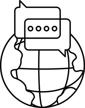 Bir kürede birbiriyle konuşan iki insan. Küre bir daire ile çevrilidir. Dünya siyah ve beyaz.