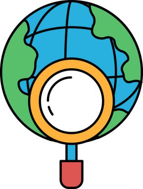 Üzerinde büyüteç olan siyah beyaz bir küre çizimi. Küre Dünya 'dır ve büyüteç de keşif ve keşfin sembolüdür. Çizim merak uyandırıyor.