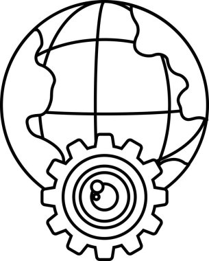 Üzerinde vites olan siyah beyaz bir küre çizimi. Küre, ortasında kamera merceği olan bir daire ile çevrilidir. Çizim, teknoloji fikrini aktarıyor.