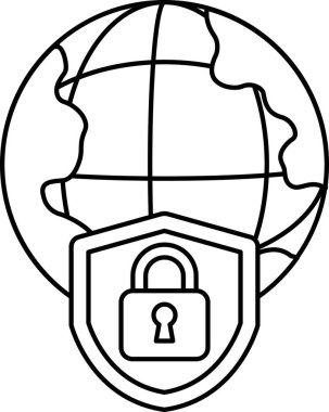 Üzerinde kilit olan siyah beyaz bir küre çizimi. Küre bir kalkanla çevrili ve kilit de kalkanda. Kilit olarak güvenlik ve koruma kavramı