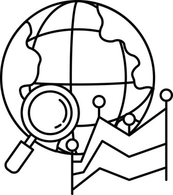 Üzerinde büyüteç olan bir küre. Küre bir dizi çizgi ve noktalarla çevrili.