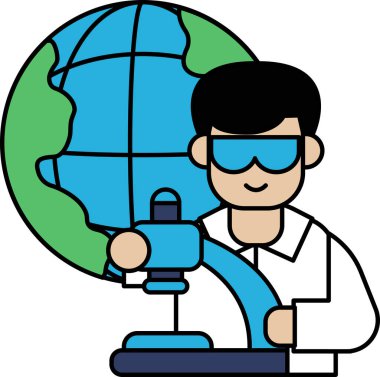 Gözlük takan bir adam bir kürenin önünde bir cihaz tutuyor. Dünya siyah ve beyaz.