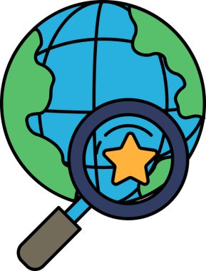 Bir büyüteçin siyah beyaz çizimi bir küreye bakıyor. Küre yıldızlarla çevrili ve büyüteç ona bakıyor. Çizim merak uyandırıyor.