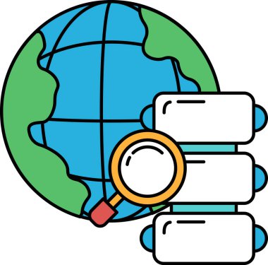 Üzerinde büyüteç olan siyah beyaz bir küre çizimi. Küre, veri depolama veya bilgisayar ağını temsil edebilecek üç silindirle çevrilidir.