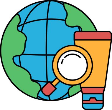 Üzerinde büyüteç olan bir küre. Küre bir çeşit tüple çevrili.