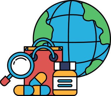 Üzerinde büyüteç ve alışveriş çantası olan siyah beyaz bir küre çizimi. Çizim, dünyayı keşfetme ve yeni şeyler keşfetme fikrini aktarıyor.