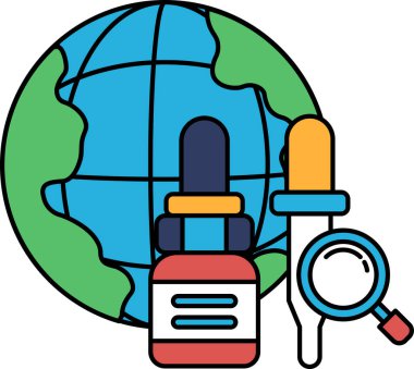 Üzerinde şişe ve büyüteç olan siyah beyaz bir küre çizimi. Şişe 