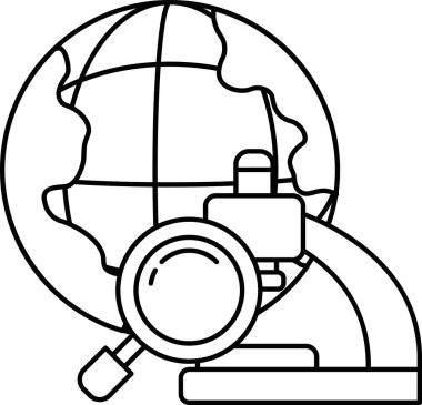 Büyütülmüş Dünya görüşü olan bir mikroskobun siyah beyaz çizimi. Mikroskop bir masanın üzerinde ve Dünya da arka planda.