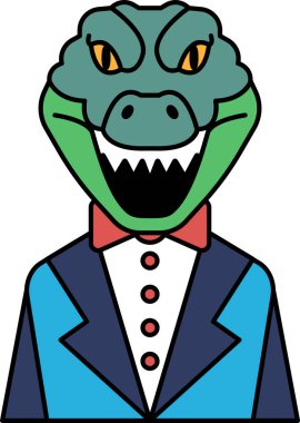 Takım elbiseli ve kravatlı bir adamın timsah kafalı bir karikatürü. Timsahın kocaman bir gülümsemesi var ve papyon takıyor. Çizim siyah beyaz ve neşeli bir havası var.