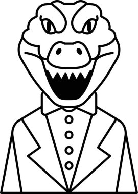 Takım elbiseli ve kravatlı bir adamın timsah kafalı bir karikatürü. Timsahın kocaman bir gülümsemesi var ve papyon takıyor. Çizim siyah beyaz ve neşeli bir havası var.