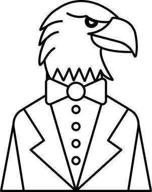 Göğsünde kartal kafası olan takım elbiseli ve kravatlı bir adam. Adam papyon takıyor ve yüzünde ciddi bir ifade var.