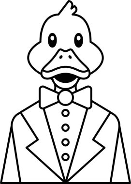 Takım elbiseli ve papyonlu bir ördek. Ördek gülümsüyor ve yukarı bakıyor. Görüntü siyah ve beyaz.