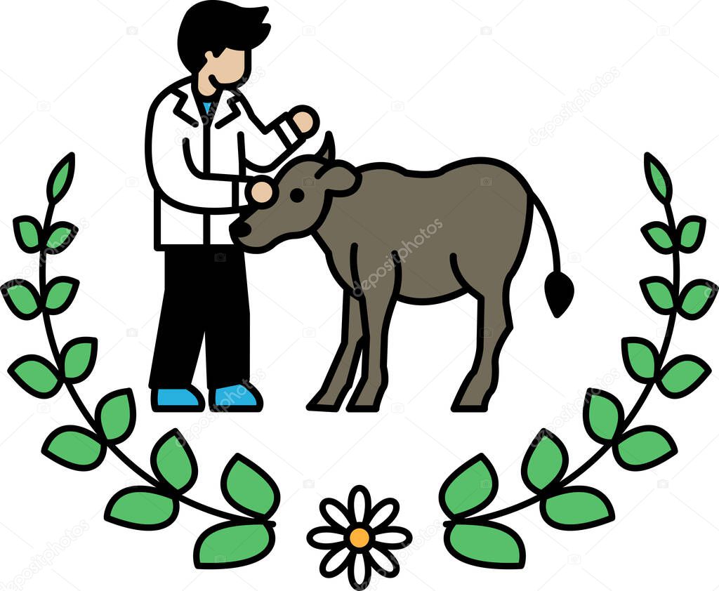 A man is petting a cow. The cow is standing in front of a wreath. The man is wearing a jacket
