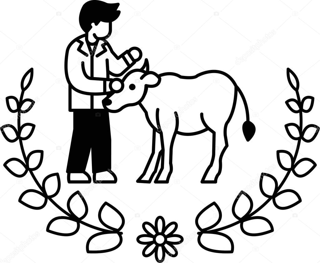 A man is petting a cow. The cow is standing in front of a wreath. The man is wearing a jacket