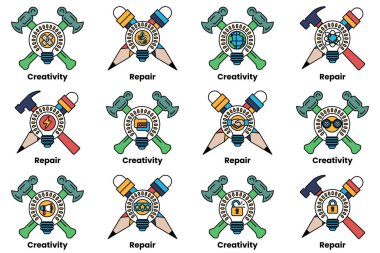 Farklı araç ve kavramları temsil eden bir dizi sembol. Semboller arasında bir çekiç, bir tornavida, bir ingiliz anahtarı ve bir makas var. Resim, bu sembollerin bir koleksiyonudur.