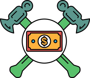 Bir çekiç ve bir çift balta bir dolar tutar. Sıkı çalışma ve mali kazanç kavramı