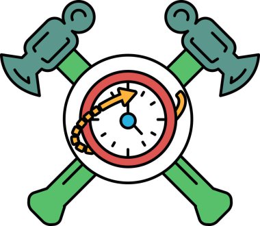 Kırmızı ve beyaz yüzlü bir saat ve yeşil ve beyaz bir çekiç. Çekiç saatin sol tarafında ve saat de çekicin sağ tarafında.