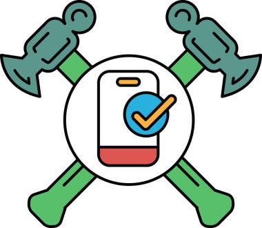 Üzerinde kontrol işareti olan bir çekiç ve bir cep telefonu. Çekiç ve cep telefonu birbirine geçmiş.