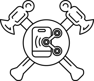 Siyah beyaz bir çekiç ve ortasında cep telefonu olan bir balta çizimi. Çizim insanları bağlamak için kullanılan bir araçtır.