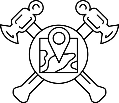 Siyah beyaz bir çekiç ve üzerinde harita olan bir balta çizimi. Harita ortada ve çekiç ve balta her iki tarafında.