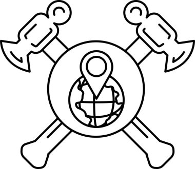 Siyah beyaz bir çekiç ve ortasında küre olan bir balta çizimi. Küre bir haçla çevrili ve balta ve çekiç dünyanın her iki tarafında.