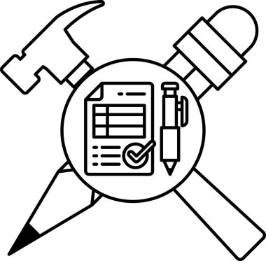 Bir çekiç, bir kalem ve üzerinde işaret olan bir kağıt parçası. Alet ve evrakların kullanıldığı bir inşaat alanı veya atölye kavramı